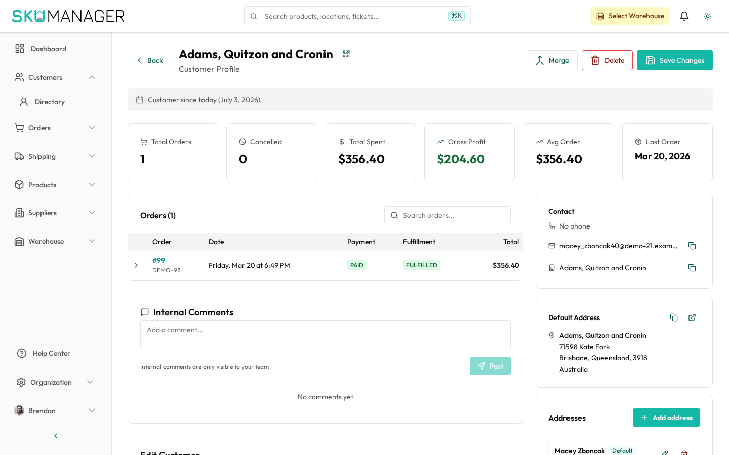 Customer detail — profile, contact details, and full order history