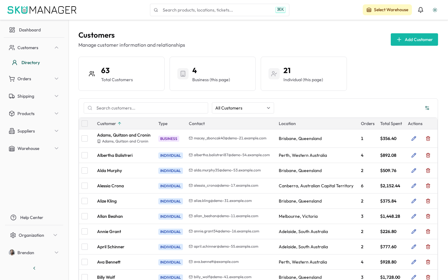 Customers list — view profiles, order history, and contact details