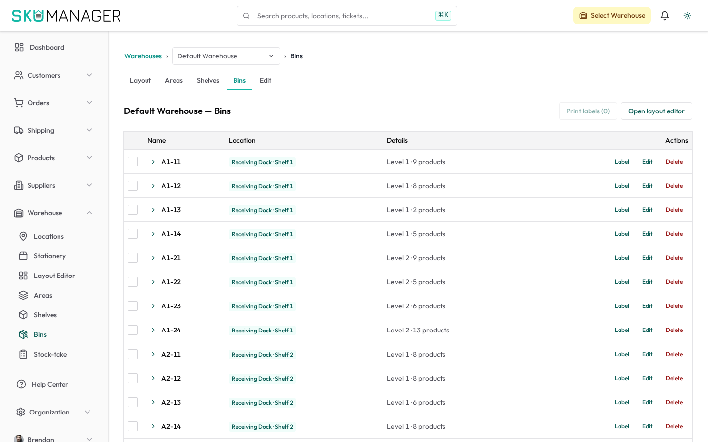 Inventory list — real-time stock levels across all warehouse locations