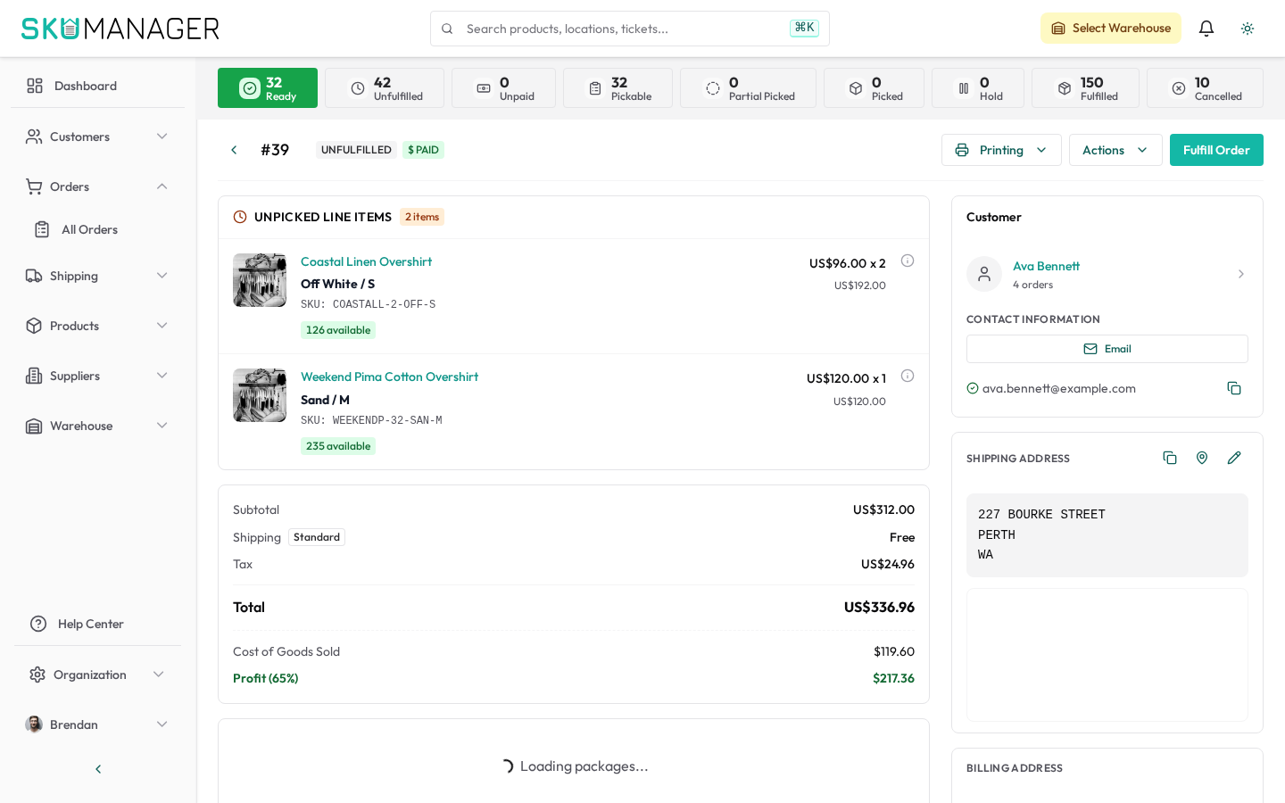 Order detail — line items, fulfillment status, and customer information
