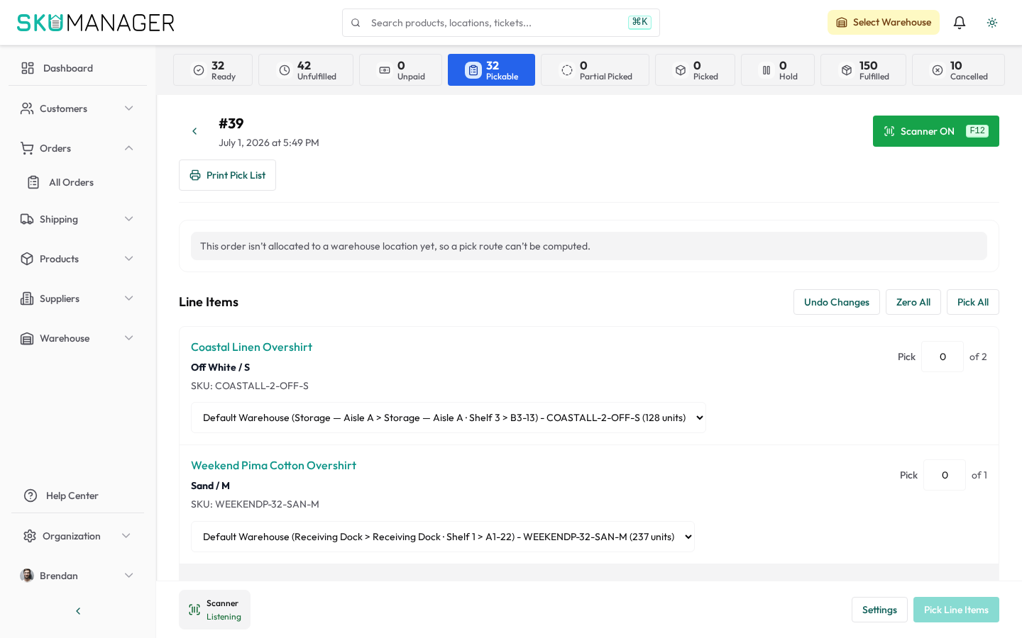The pick & pack workflow — scan each item to confirm the pick