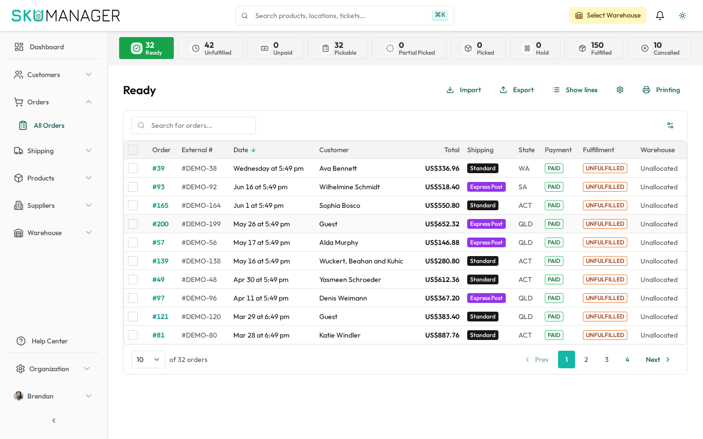 Orders list — filter by status, date range, and store