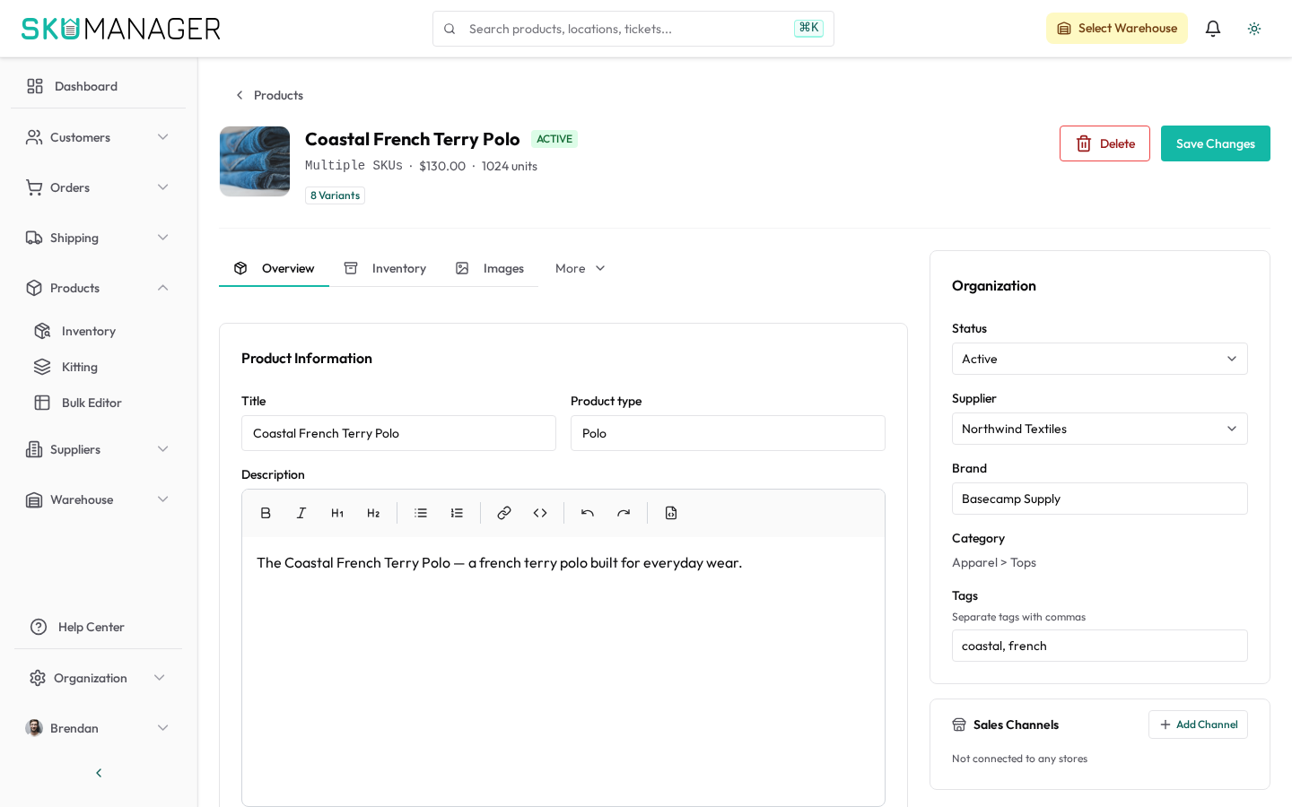 Product detail — variants, pricing, and stock across locations in one view