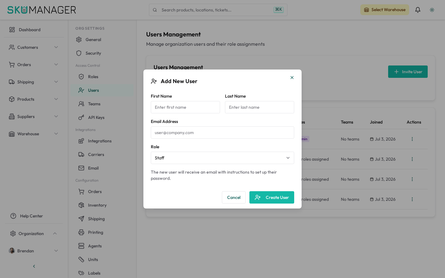 Settings → Organization → Users — invite team members