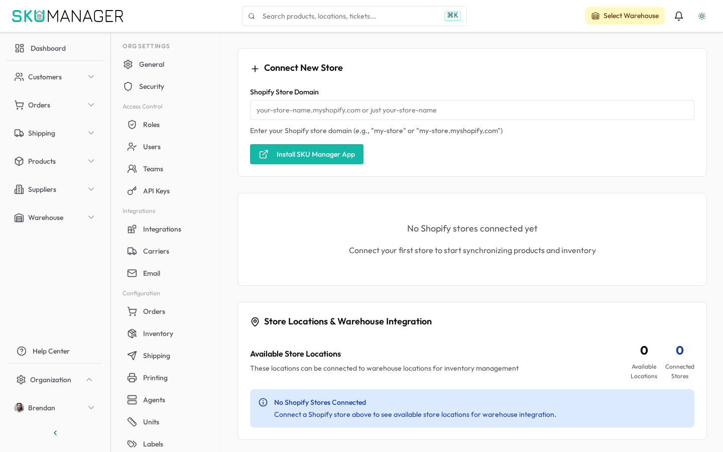 Shopify store connection — add your store and authorize access