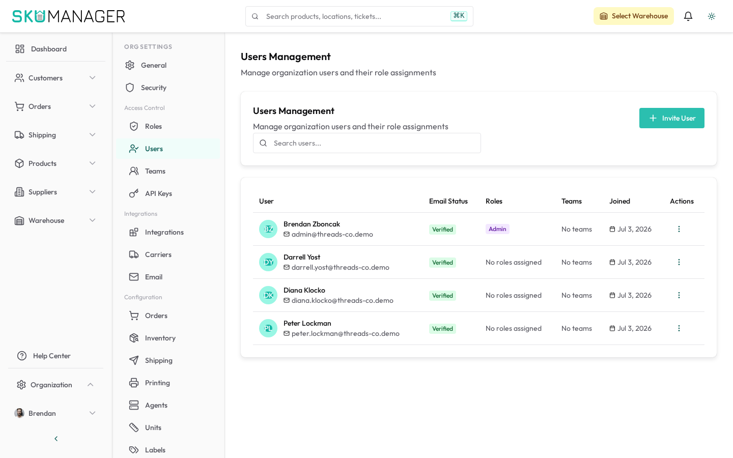Users list — invite members and manage roles