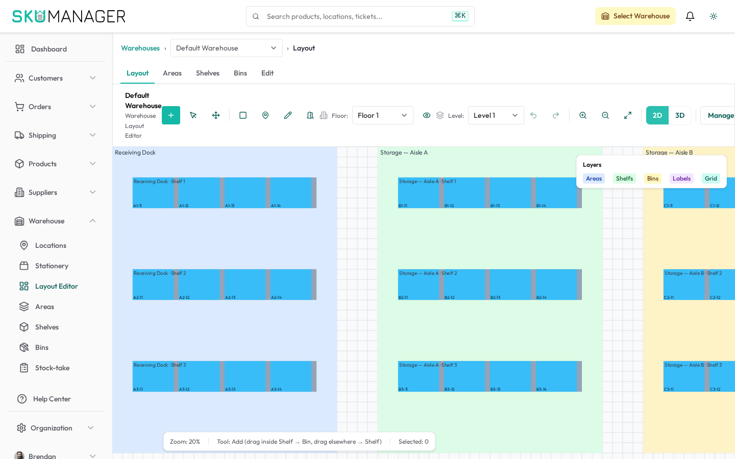 The layout editor — arrange areas, shelves, and bins in 2D