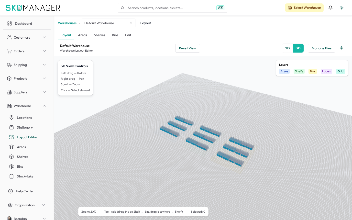 The 3D warehouse view — a live spatial model of your aisles, shelves, and bins