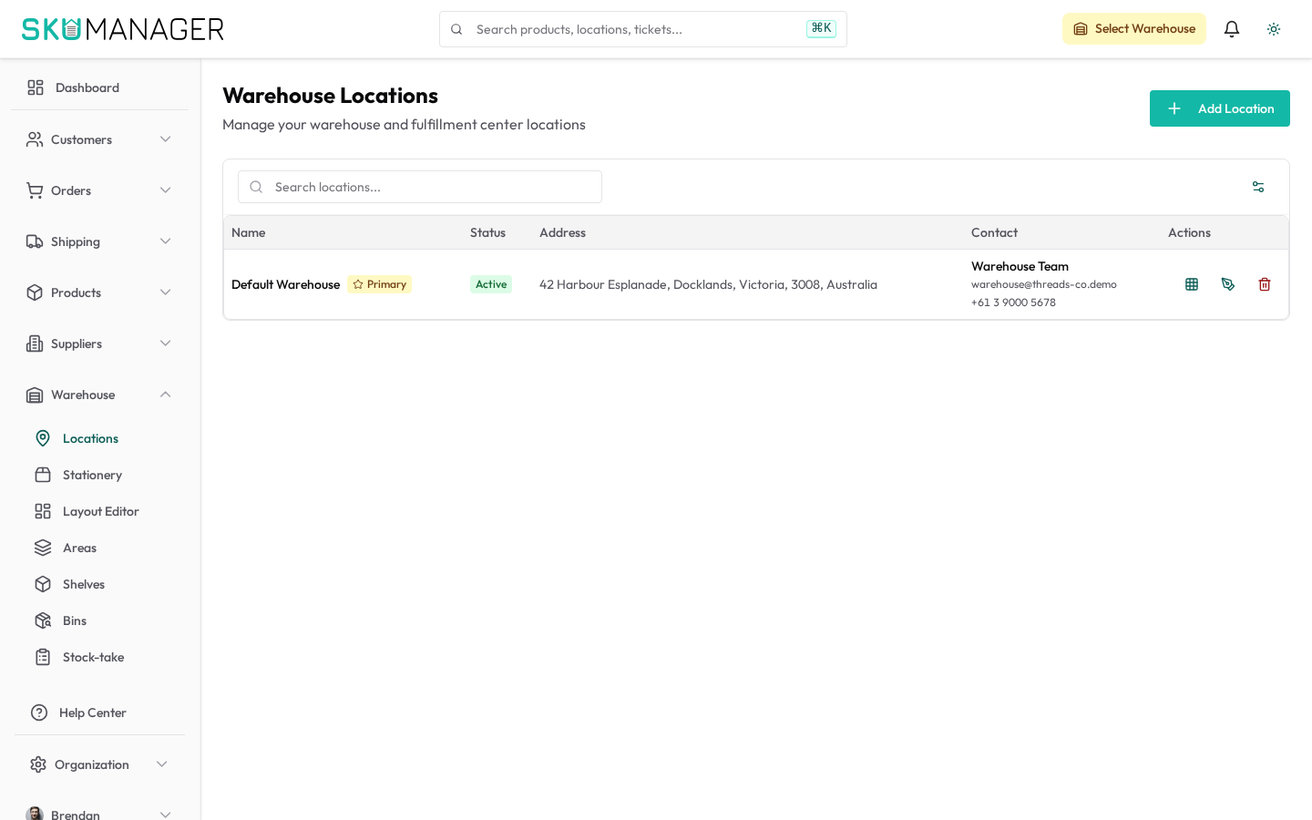 Warehouse locations — configure sites, zones, and bin locations