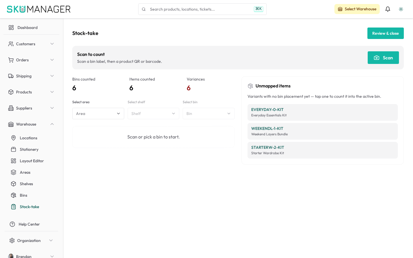 Stock-take — count and reconcile stock bin by bin